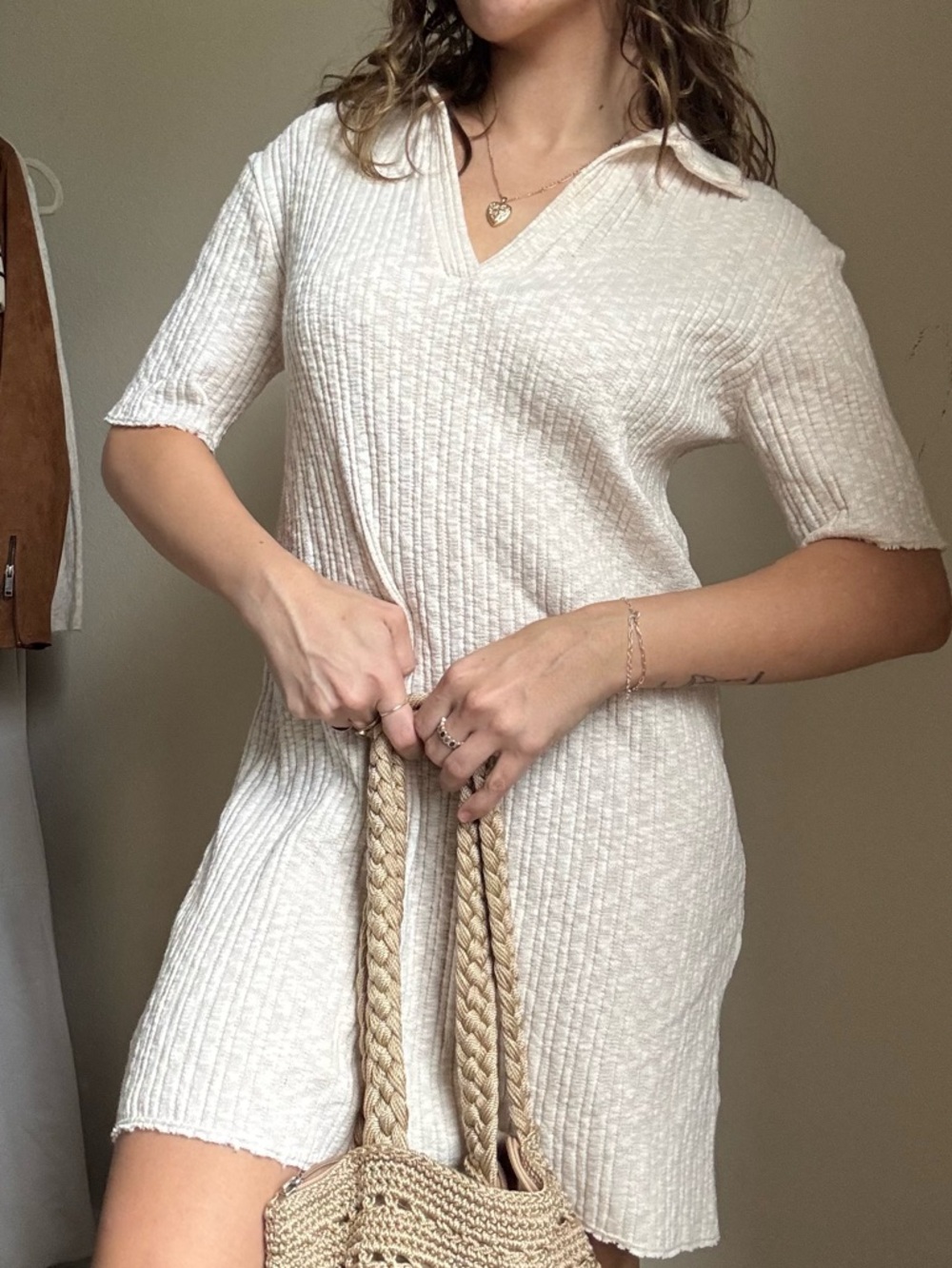 H&M Cream Ribbed Midi Dress